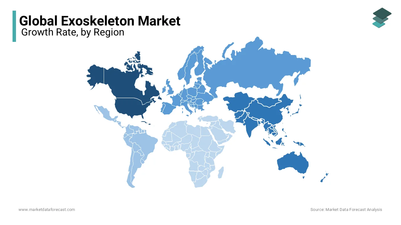 North America led the exoskeleton market by holding 40.2% of share in 2024 with the robust R&D investments.