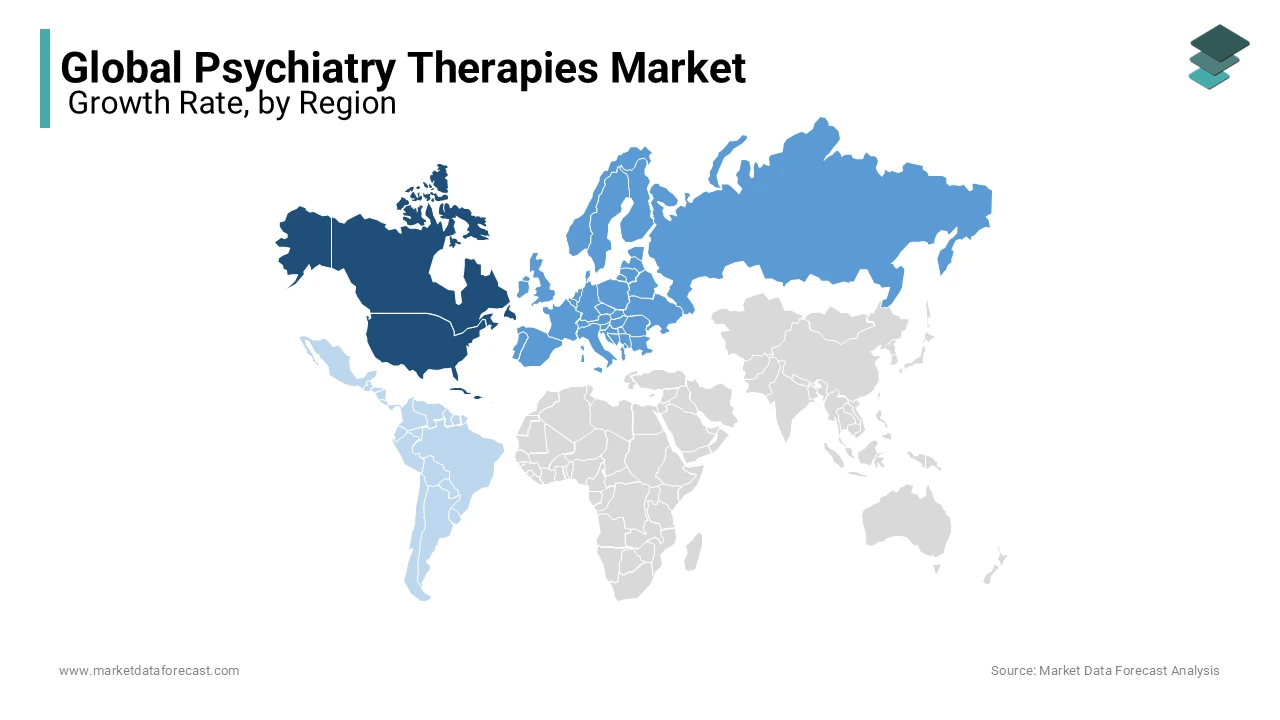 In 2023, North America held the largest share of the global psychiatry therapies market.